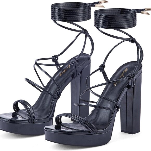 Women's Black Patent Open Toe Strappy Sandals 5 Inch Height Platform Heels - Picture 1 of 8